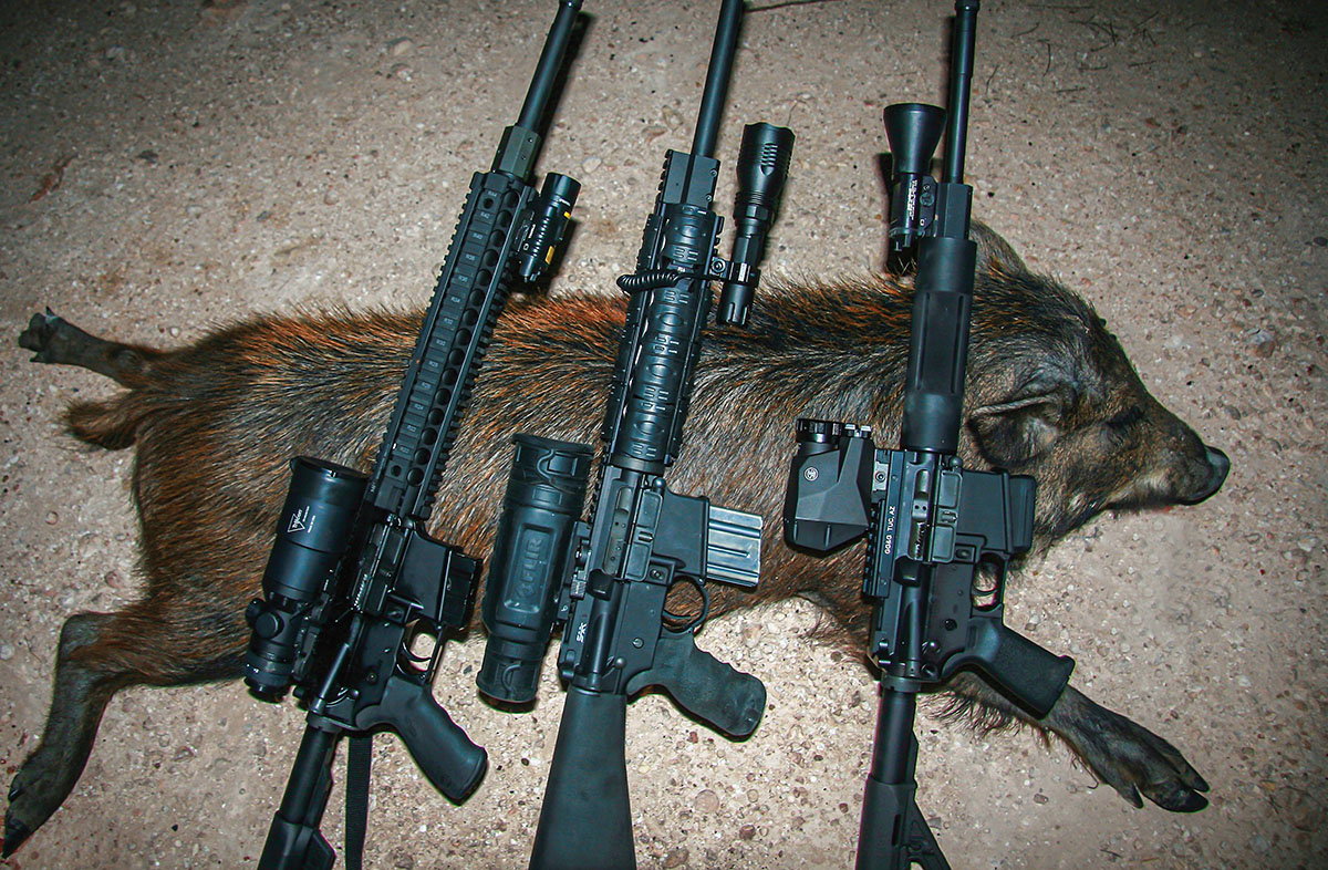 Patrick and Texas friends out for a typical night of hog shooting and culling used the following equipment shown (left to right): a 6.5 Grendel with a Trijicon IR-Hunter, a 6.8 SPC with a FLIR ThermoSight Pro and a 224 Valkyrie with a SIG Sauer ECHO1 Reflex Sight.